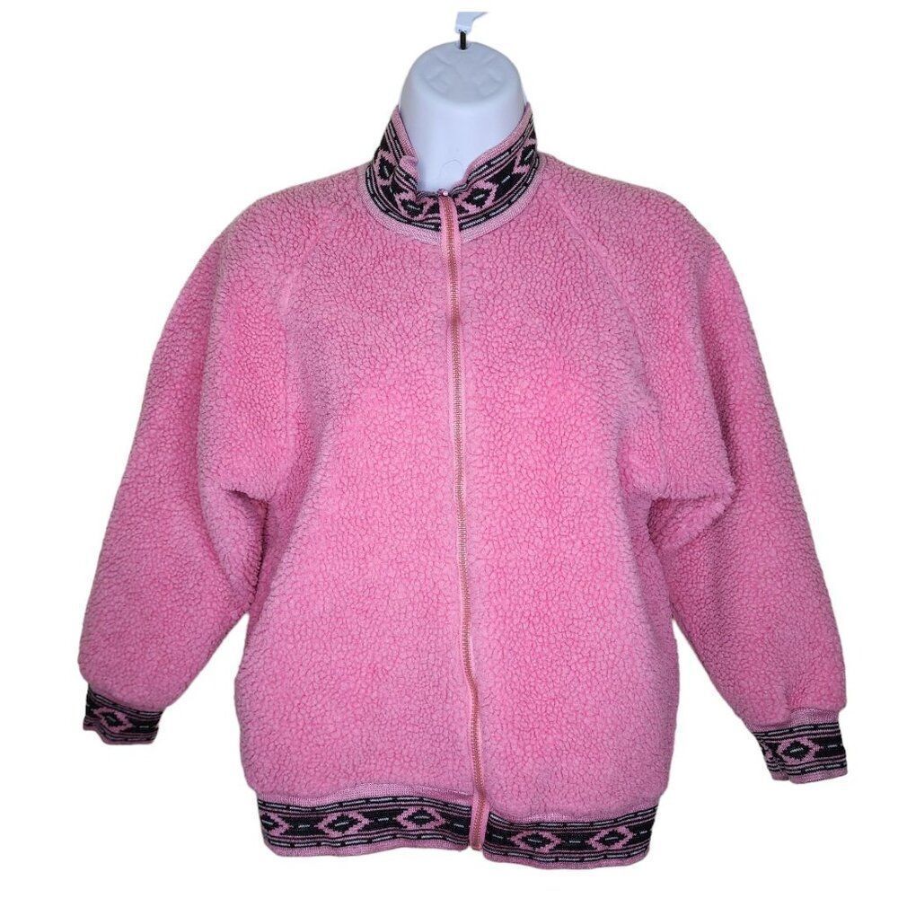 Vintage 90s Teddy Sherpa Full Zip Jacket Womens Size M Pink Aztec Fleece